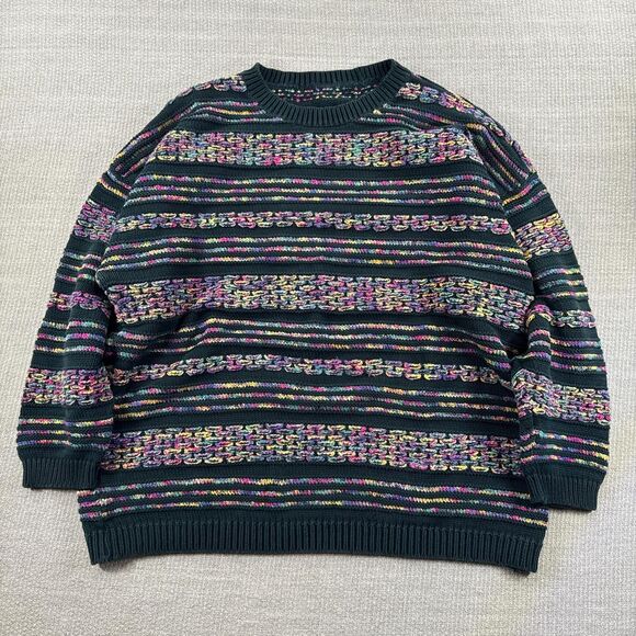 Vintage 90s Striped Thick Cotton Knit Sweater Drop Shoulder Women's Size Large - Picture 1 of 5